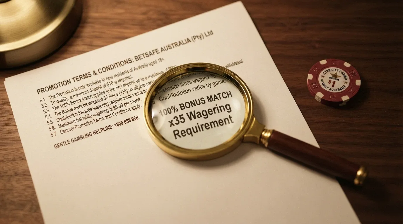 A close-up of casino bonus terms and conditions with a magnifying glass highlighting the wagering requirement figure, with Litecoin symbols in the background