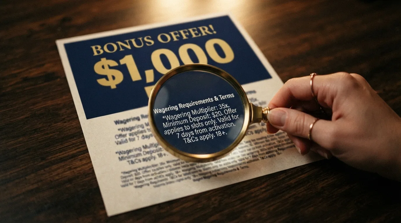 A casino welcome-bonus banner with a large dollar figure, overlaid with a magnifying glass revealing fine-print text about wagering and time limits