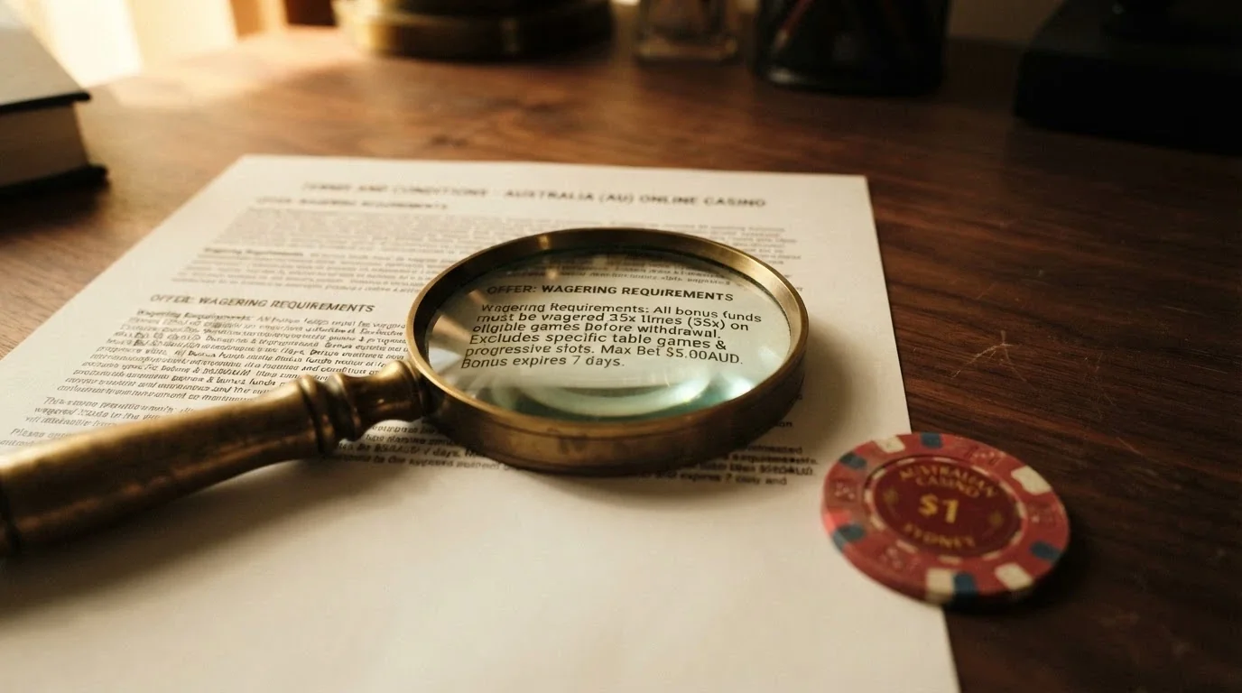 A casino welcome bonus pop-up with a magnifying glass hovering over the terms and conditions fine print