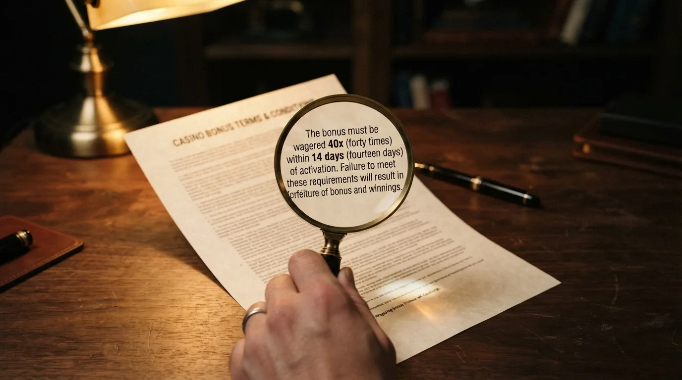 A magnifying glass over casino bonus terms and conditions, with the wagering-requirement clause and validity period highlighted