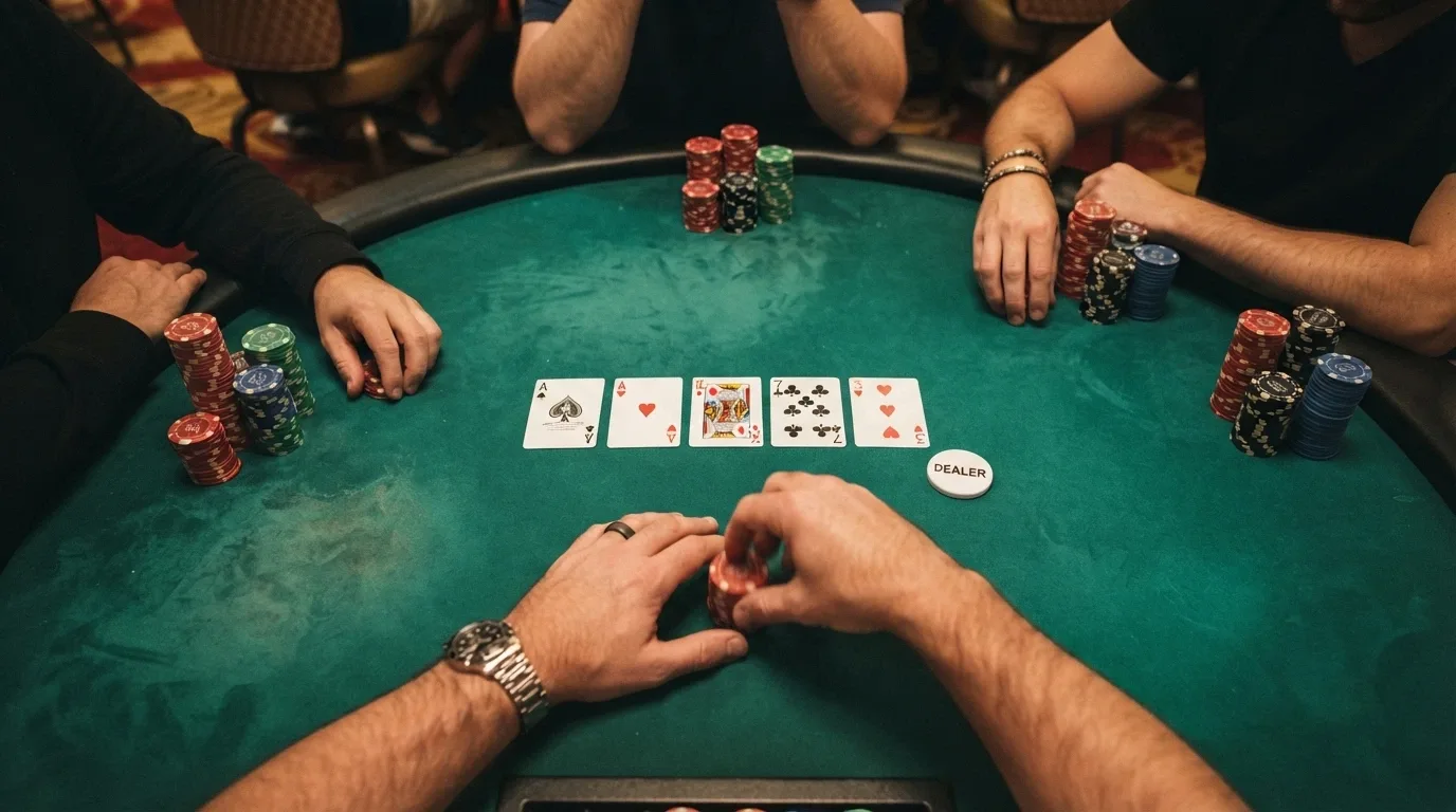 A Texas hold'em poker tournament in progress at Casino Canberra with chips and community cards on the felt