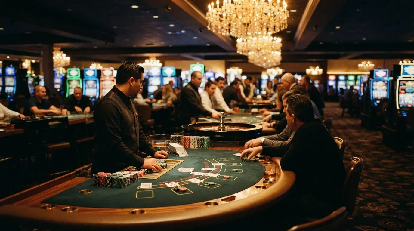 The gaming floor at Casino Canberra with blackjack and roulette tables in play under chandelier lighting