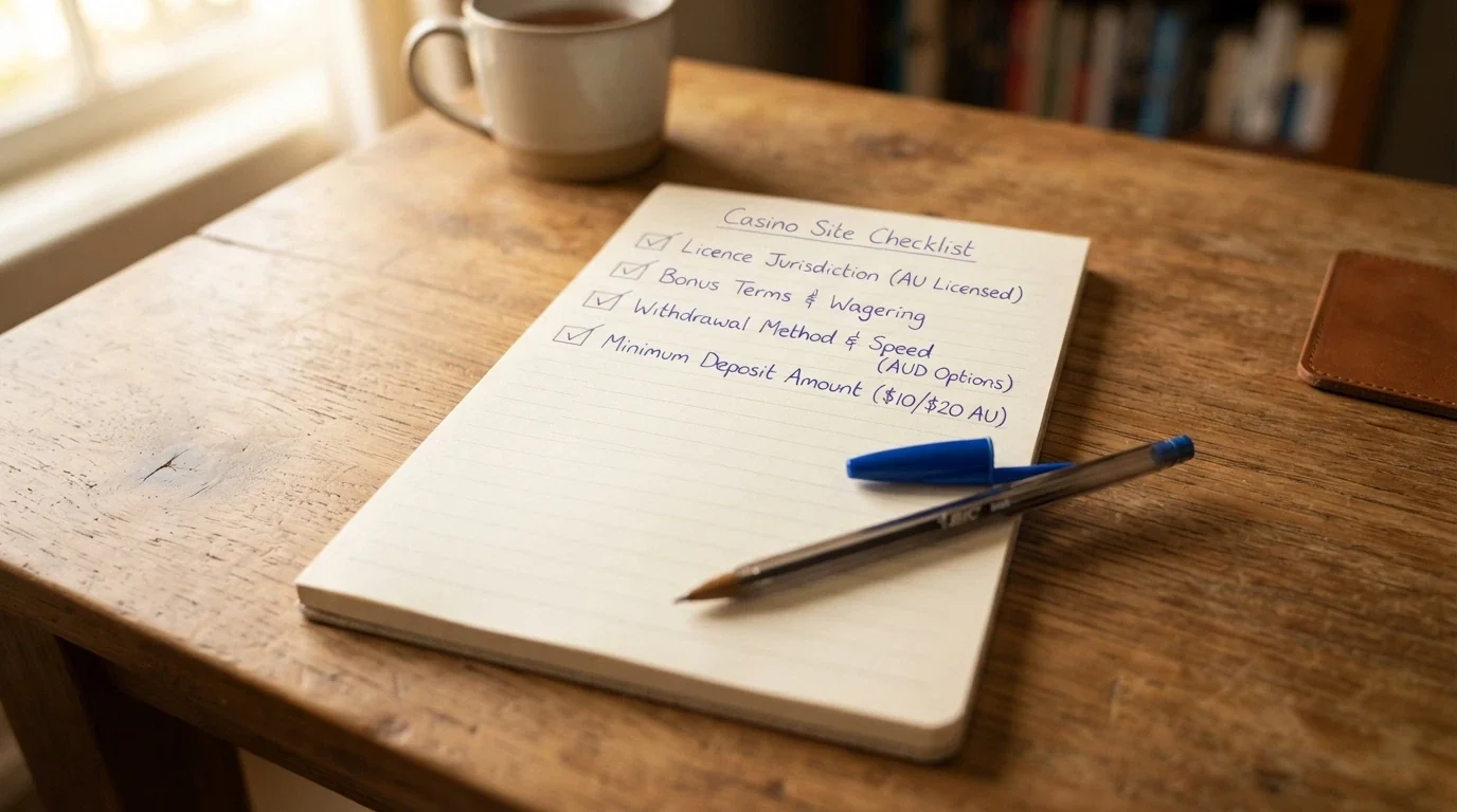 A notepad with a handwritten checklist covering licence check, bonus terms, withdrawal method and minimum deposit, with a pen resting beside it
