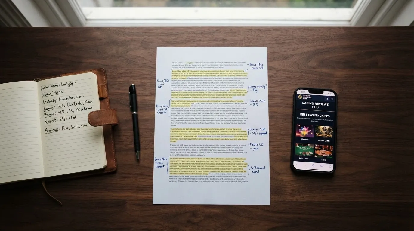A desk with a notepad, a smartphone showing a casino site, and a printed terms document with highlighted sections
