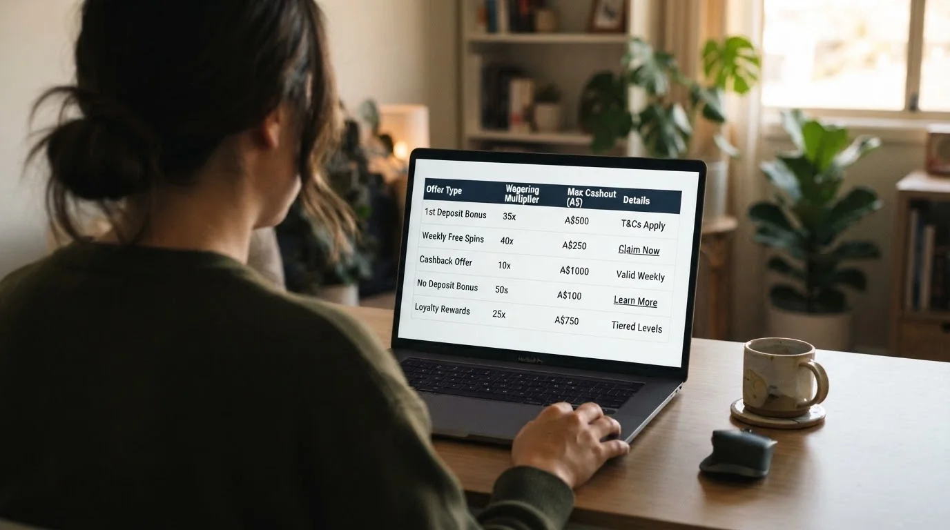 A laptop screen displaying a side-by-side comparison table of casino bonus offers, with columns for free spins, wagering and max cashout