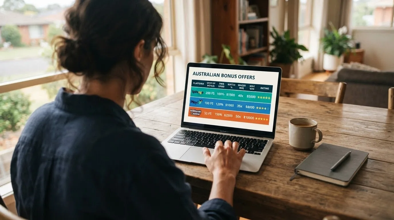 A comparison table of casino bonus offers displayed on a laptop screen