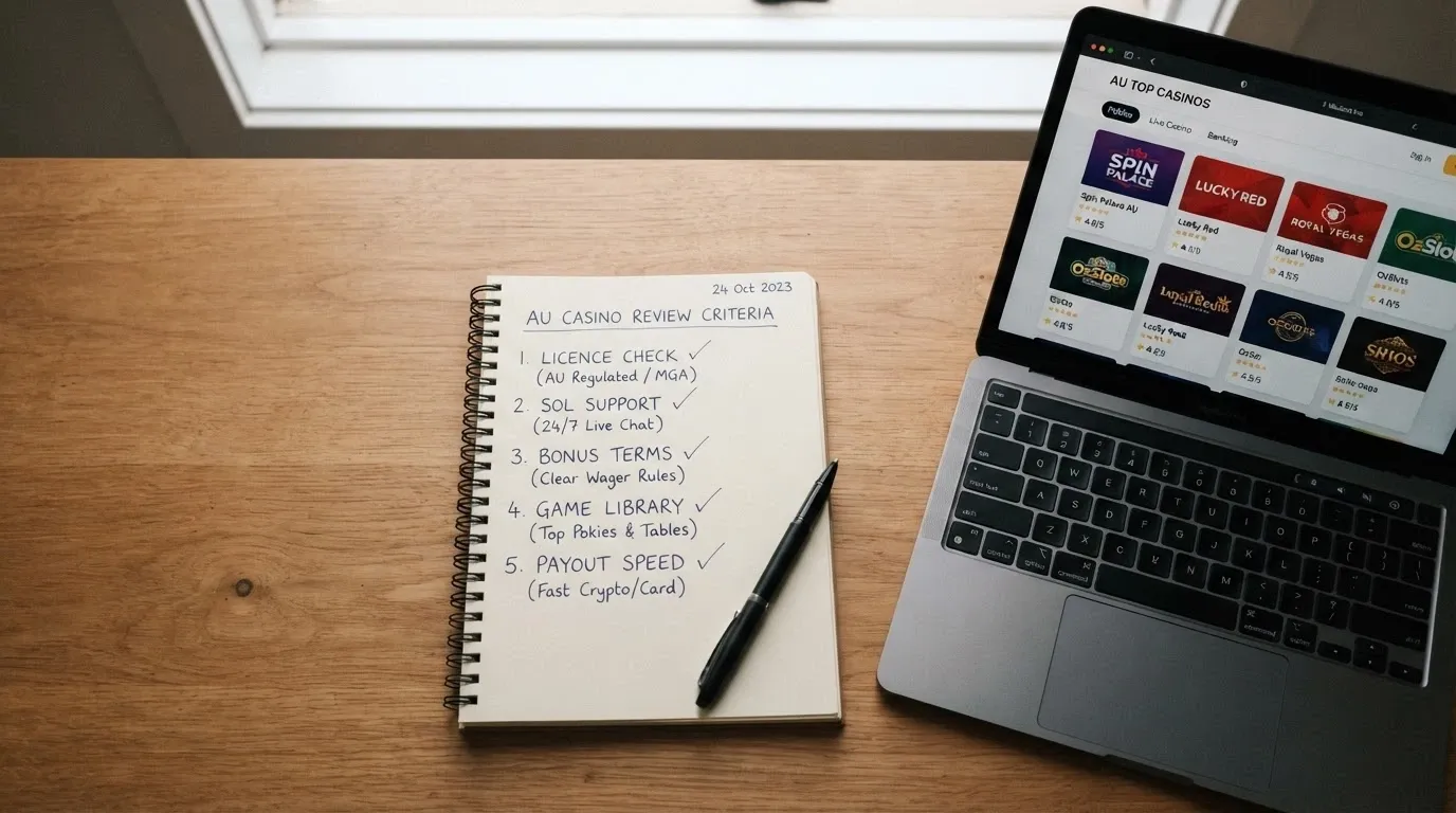 A desk with a notepad showing a checklist of criteria: licence check, SOL support, bonus terms, game library, payout speed — next to a laptop displaying casino sites