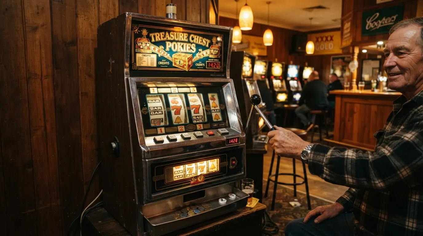 A split comparison showing a classic mechanical 5-reel cabinet on one side and a modern video pokie with animated reels and bonus-round graphics on the other