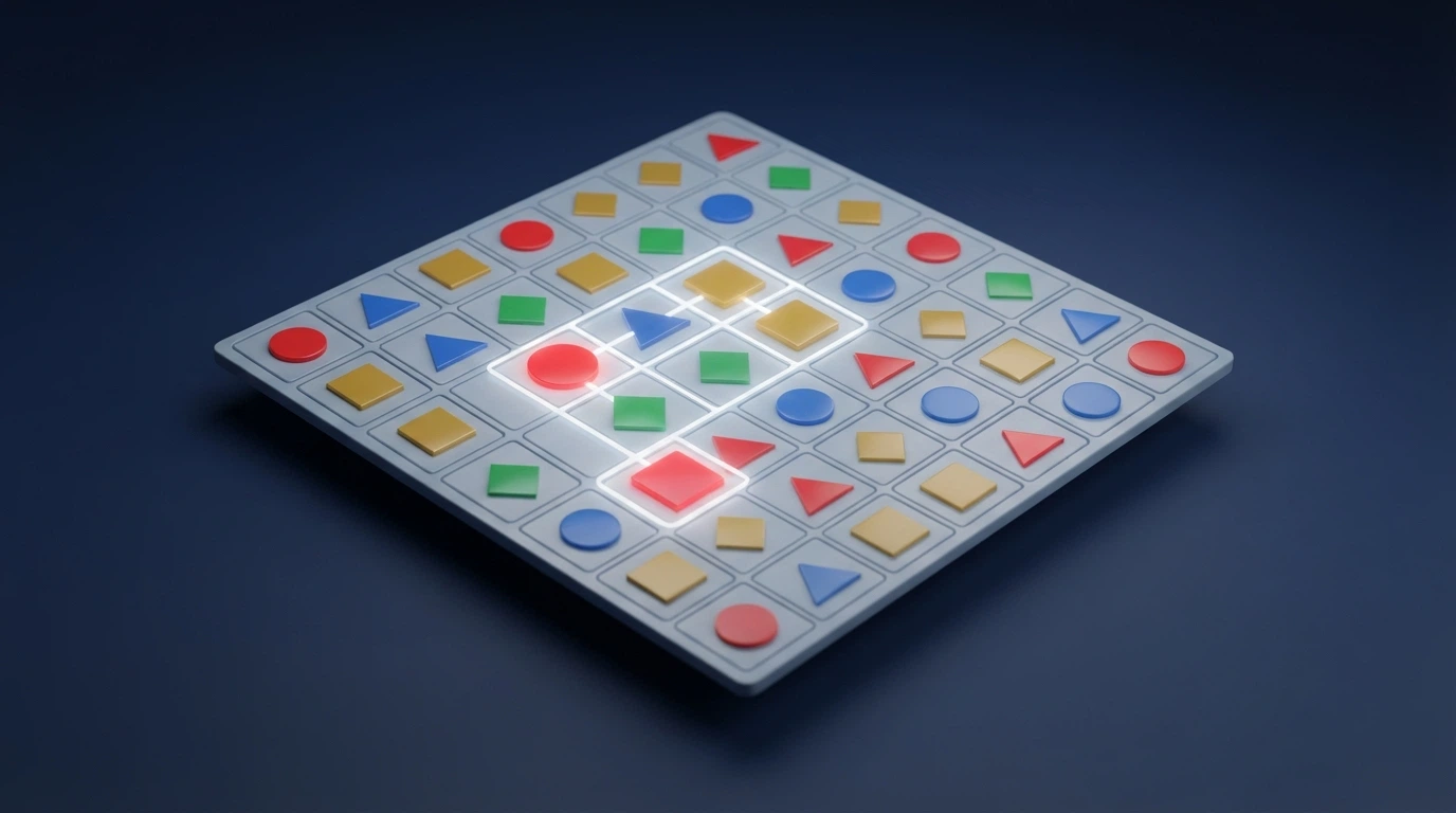 A close-up diagram of a 7×7 grid highlighting a cluster of five matching symbols touching horizontally and vertically