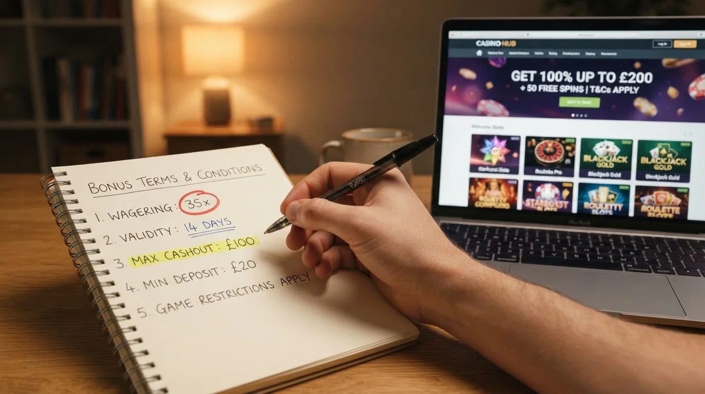 A notepad with bonus terms written out — wagering multiple, validity window and cashout cap highlighted in different colours beside a laptop showing a casino homepage