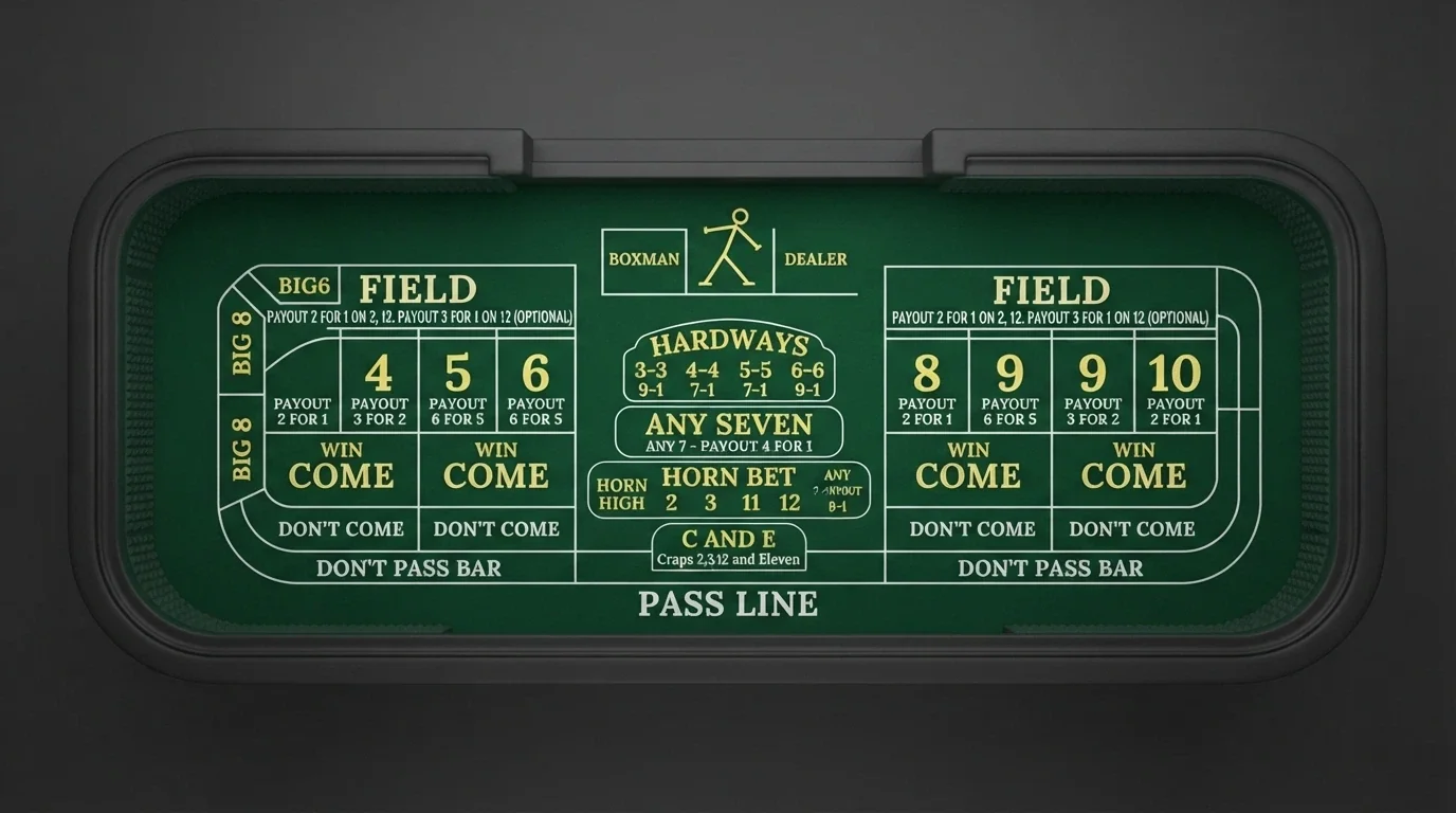 An overhead diagram of a craps table layout with every betting zone labelled — Pass Line, Don't Pass, Come, Field, Place bets and centre proposition bets