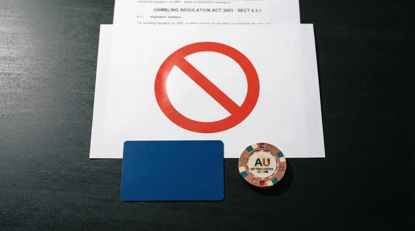 A credit card and a Bitcoin coin crossed out by a red prohibition symbol, with the text “Interactive Gambling Amendment Act 2023 — Effective 11 June 2024” overlaid