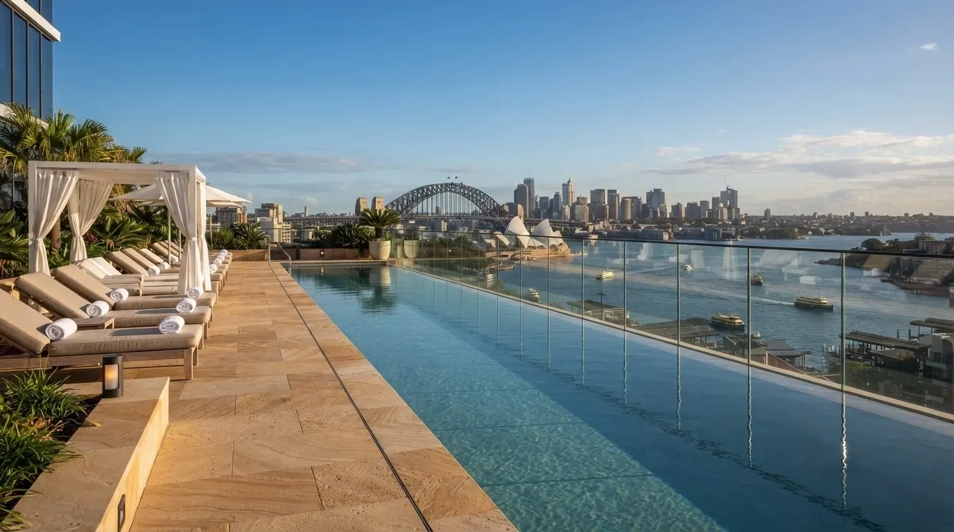 The 45-metre heated infinity pool on Level 5 of Crown Sydney with the harbour and city skyline stretching beyond the glass balustrade