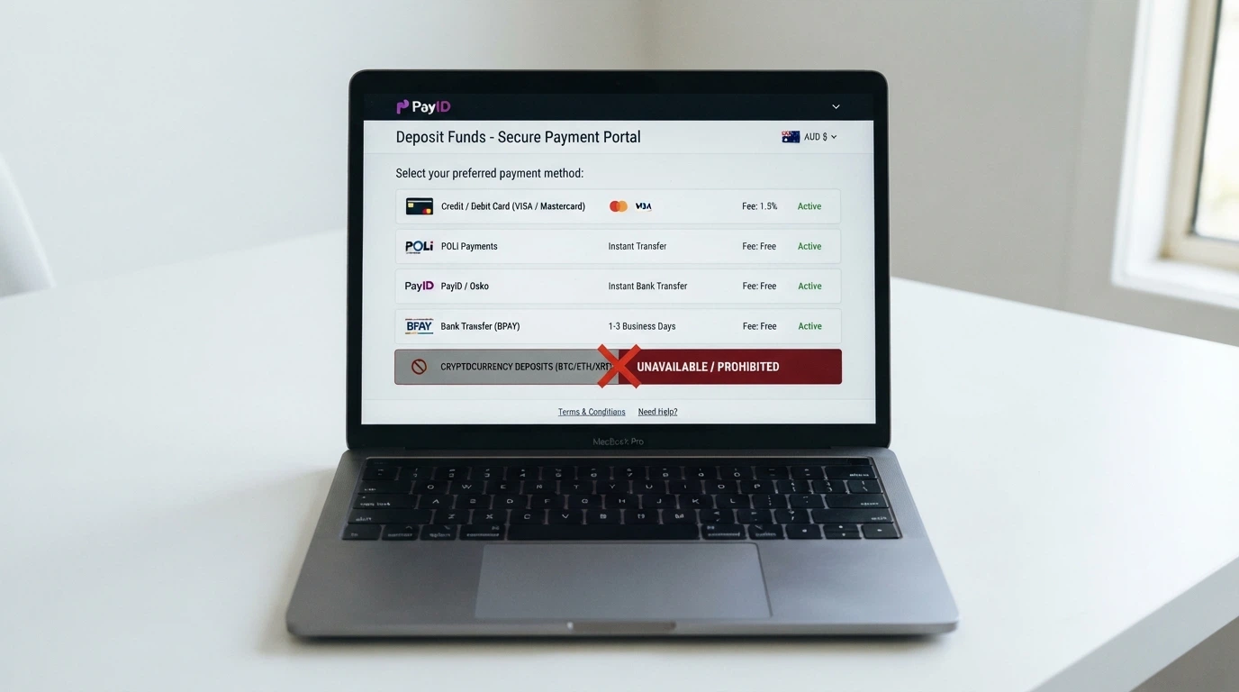 A deposit page showing a bitcoin option greyed out with a red “prohibited under Australian law” overlay