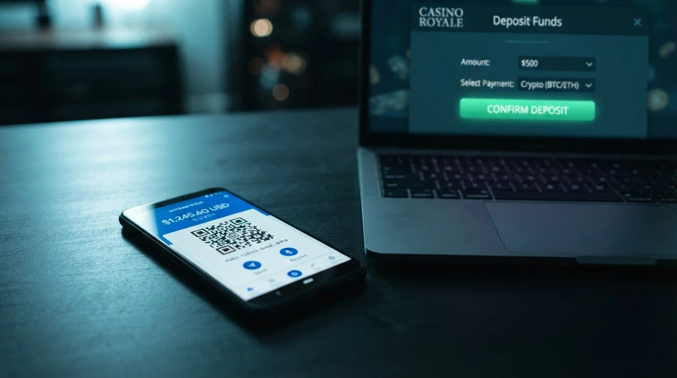 A smartphone displaying a cryptocurrency wallet QR code next to a casino deposit screen