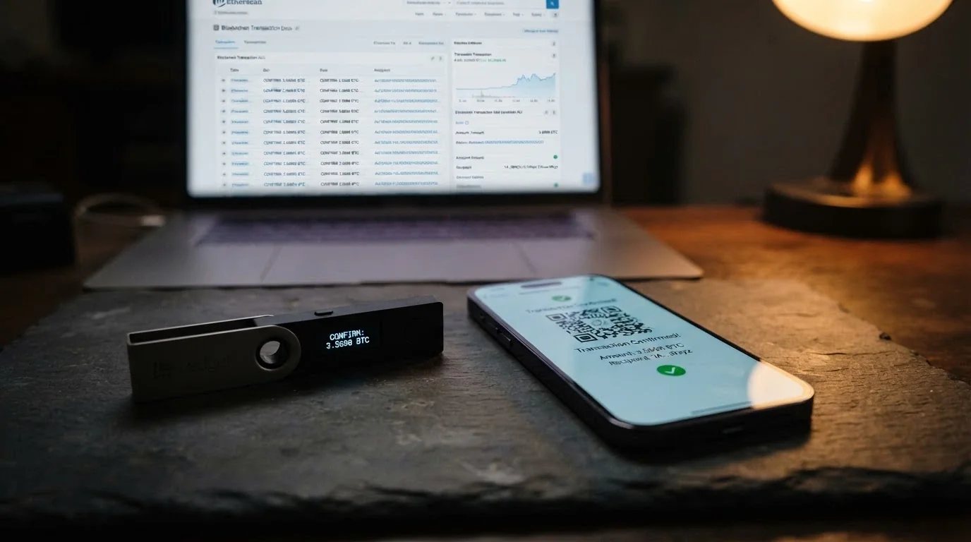A hardware wallet device next to a smartphone showing a QR code and a USDT TRC-20 transaction confirmation, with a blockchain explorer in the background
