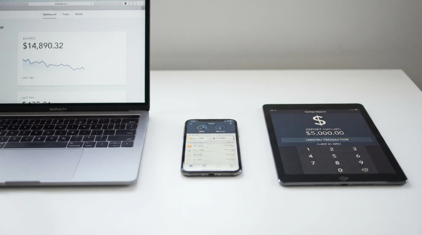 Three devices in sequence — a laptop showing an exchange balance, a phone with a wallet app open, and a tablet displaying a casino cashier screen