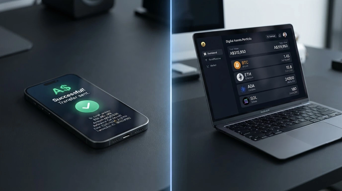 A split image: on the left a smartphone showing a PayID transfer confirmation in Australian dollars, on the right a crypto wallet with Bitcoin and Ethereum balances