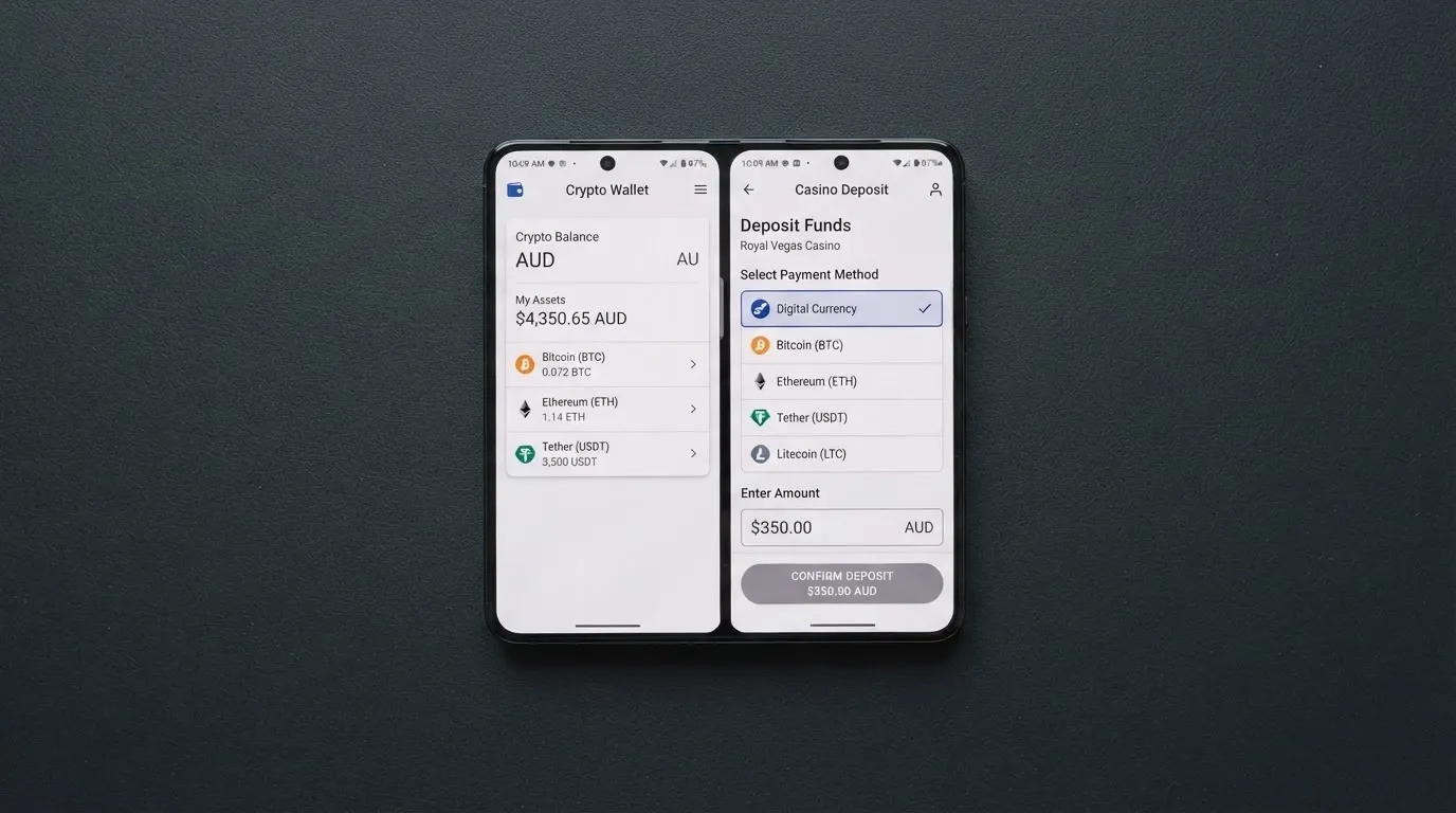 A smartphone displaying a crypto wallet balance beside a casino deposit screen showing Bitcoin as a selected payment method