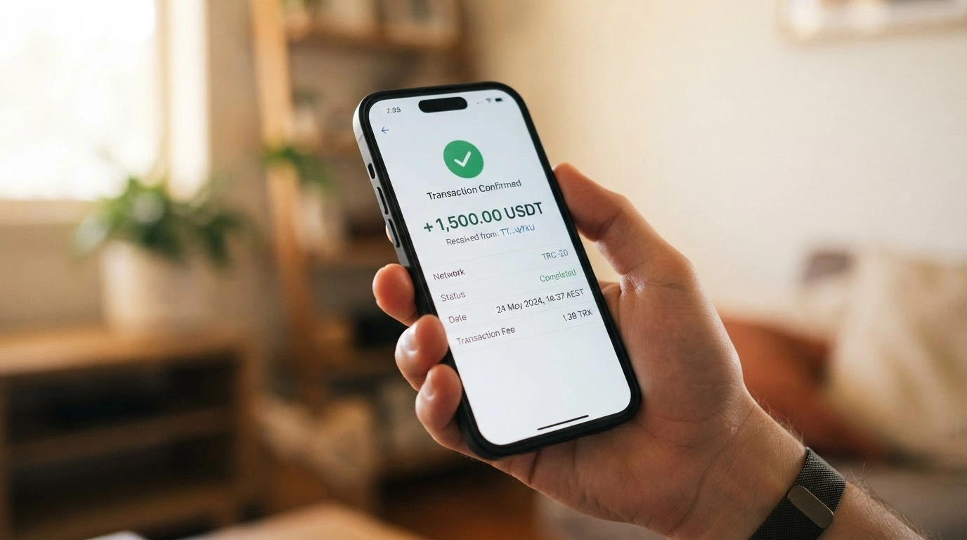A cryptocurrency wallet interface showing a received USDT transaction on the Tron network, with the TRC-20 network fee displayed