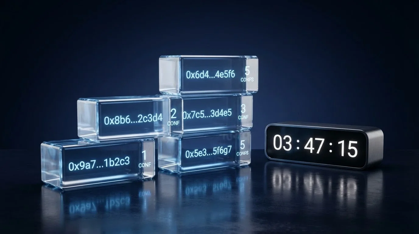 A digital rendering of blockchain transaction confirmations with a timer overlay showing minutes rather than days