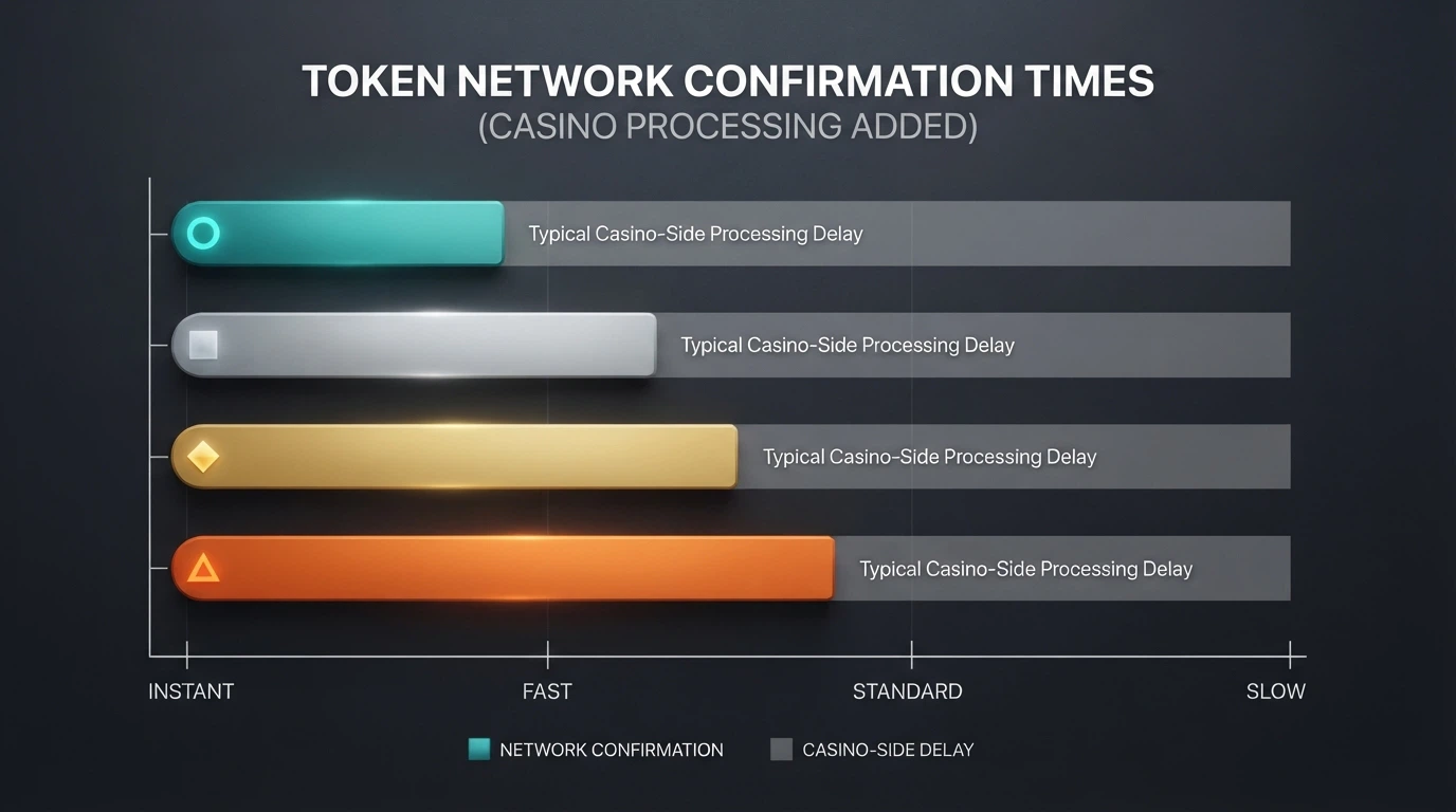 A horizontal bar chart comparing network confirmation times for Bitcoin, Ethereum, Litecoin and USDT (TRC-20), with a shaded overlay showing typical casino-side processing delay