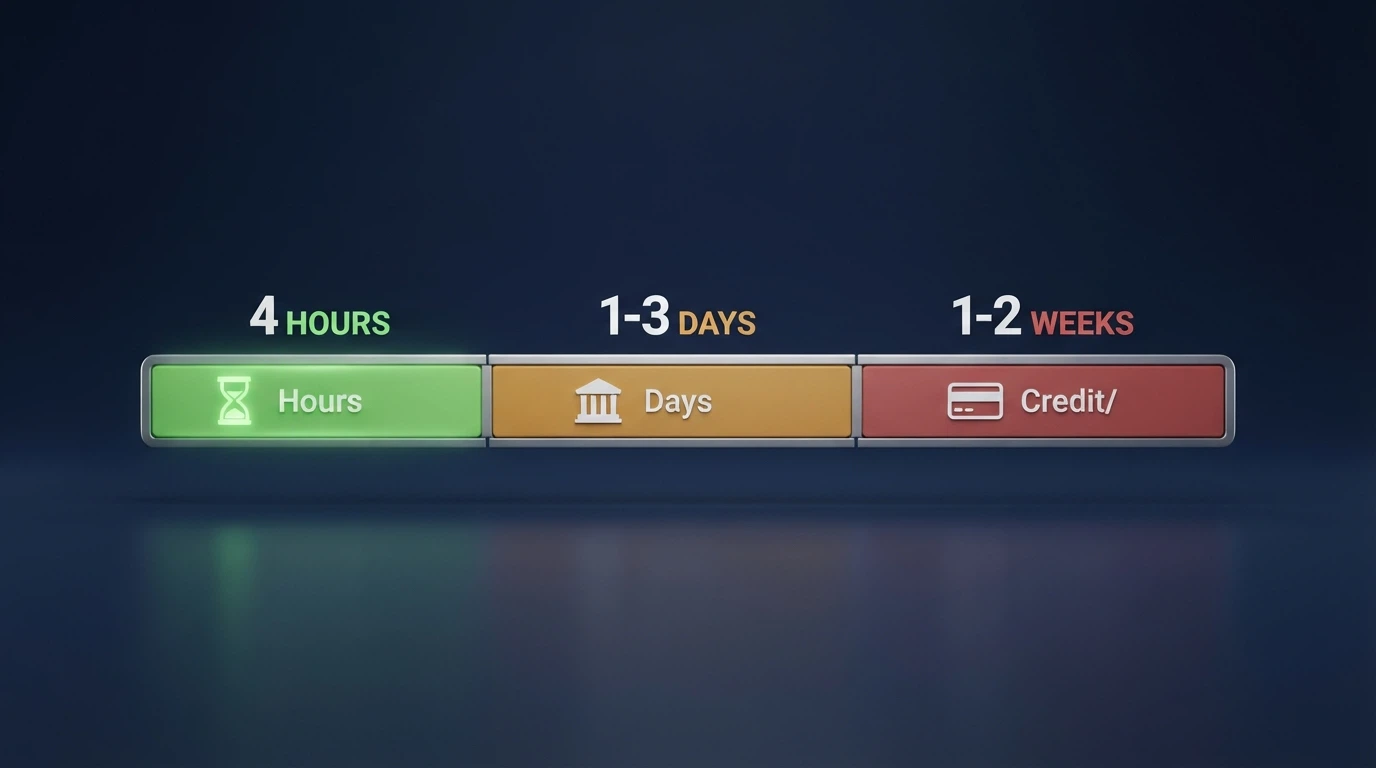 A timeline graphic comparing crypto withdrawal speeds in hours against bank transfer and card withdrawal speeds in days