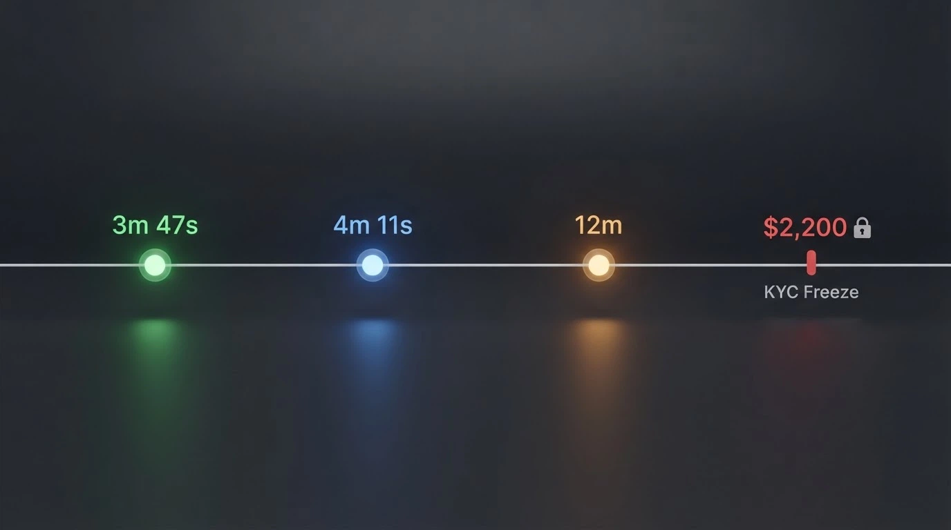 A horizontal timeline comparing withdrawal speeds — Lightning Network at 4 minutes, USDT TRC-20 at 12 minutes, on-chain BTC at 3 min 47 sec, with a KYC-freeze marker at the A$2,200 point