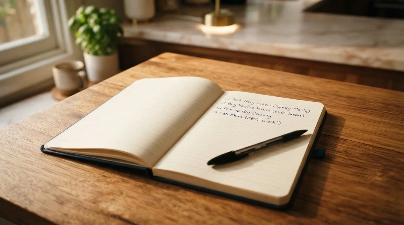An open notebook with a short handwritten checklist: read terms / check licence / set a limit / know the helpline number, a pen resting beside it, on a kitchen table in warm light