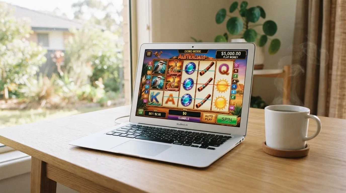 A laptop screen showing a pokies game in demo mode with a play-money balance displayed, beside a coffee cup