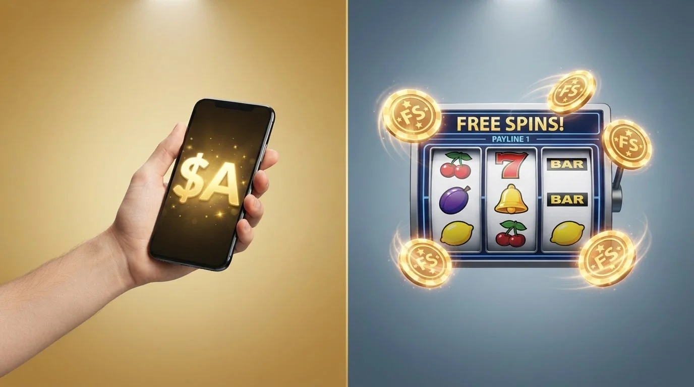 Side-by-side comparison of a deposit match bonus (player puts in money, casino matches it) and free spins (casino funds the spins directly)