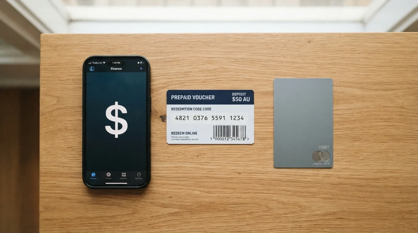 A split comparison showing a crypto wallet balance in AUD beside a Neosurf voucher and a bank card marked with a red cross