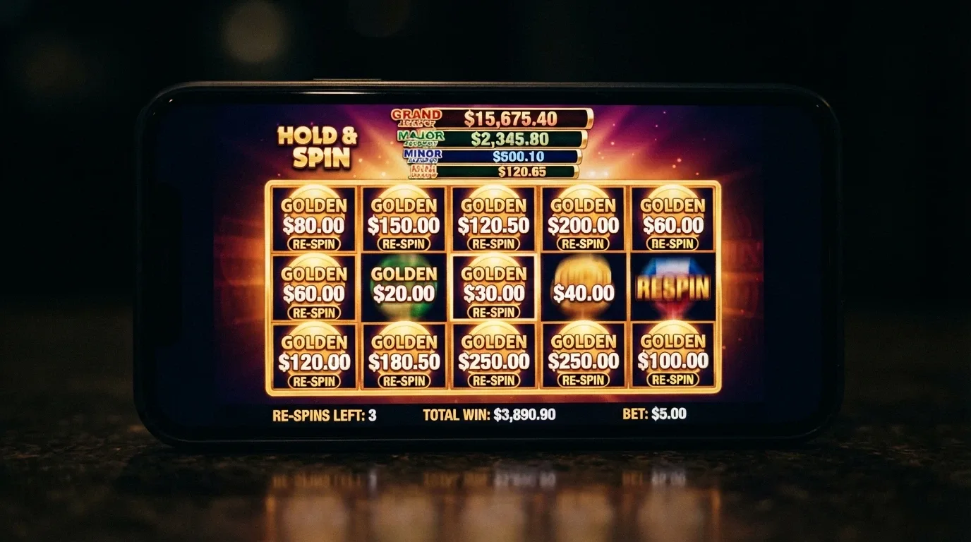 A close-up of a smartphone screen running Dragon Link's Hold & Spin bonus round with gold coins and progressive-jackpot values visible