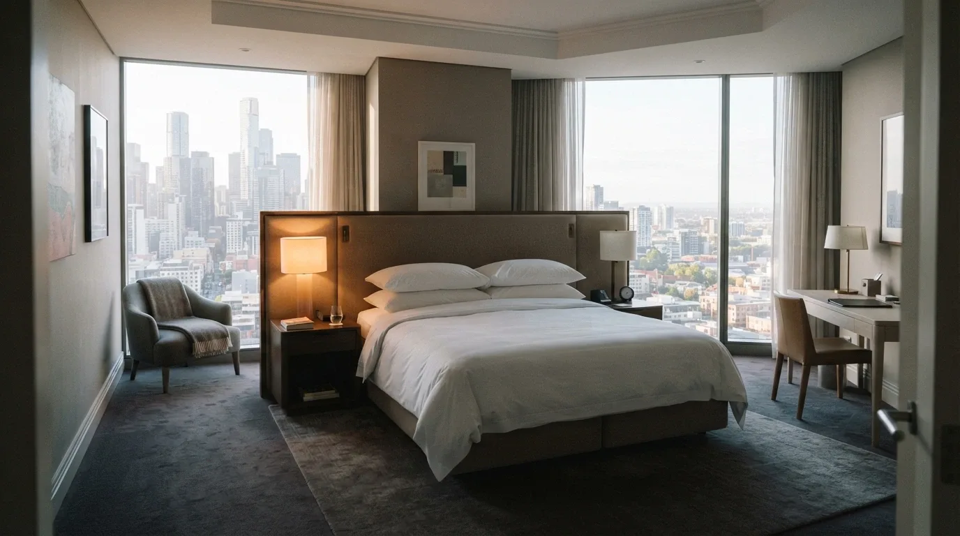 Luxury hotel room at Eos by SkyCity with floor-to-ceiling windows, king bed and city views