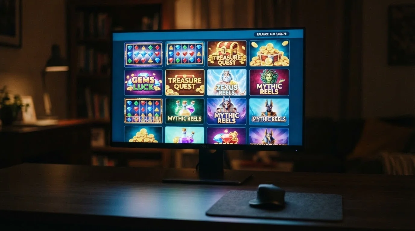 A grid of popular online pokies titles including Gates of Olympus and Sweet Bonanza, with an ETH balance display in the corner