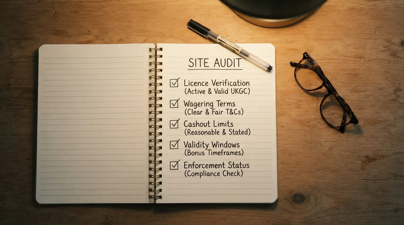 A notepad or checklist showing evaluation criteria: licence check, wagering terms, cashout cap, validity window, ACMA enforcement status