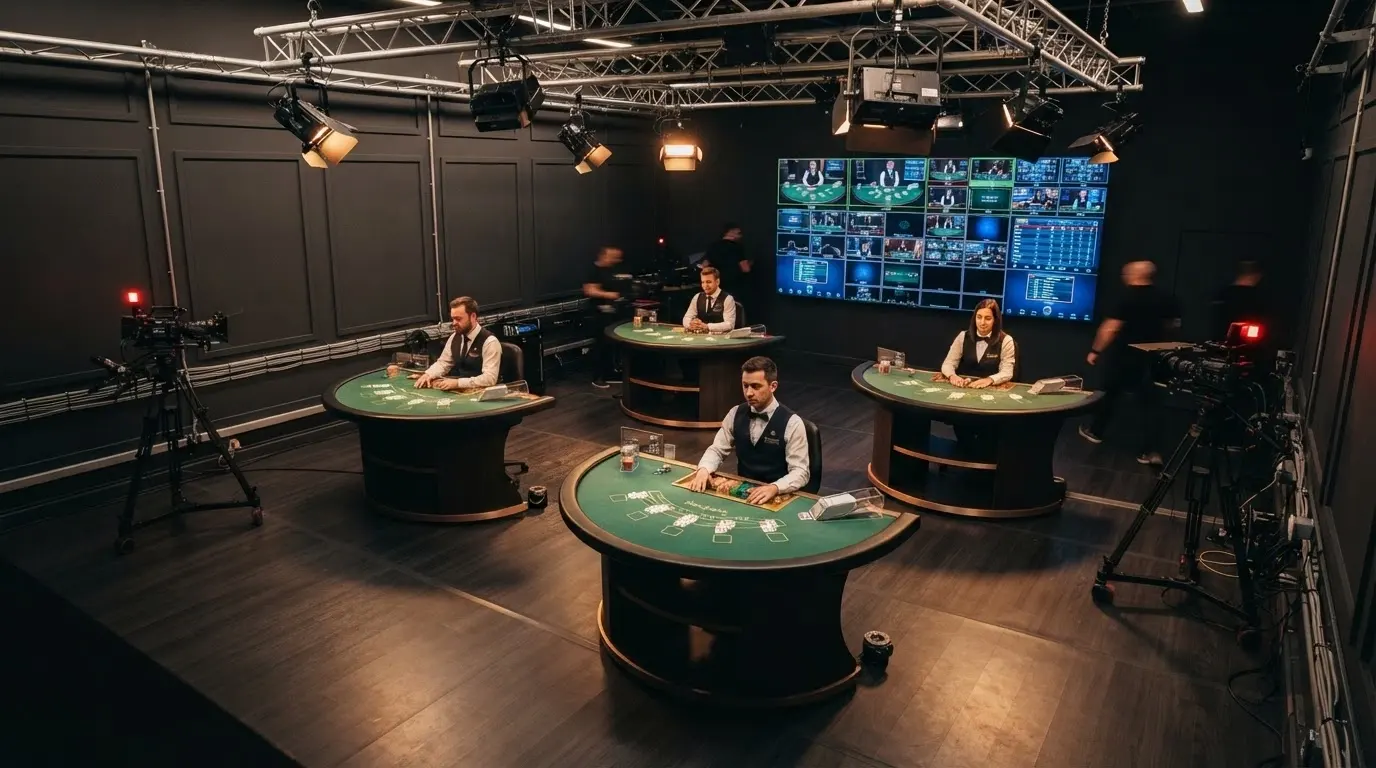 A wide shot of an Evolution Gaming live casino studio floor with multiple tables, professional dealers, camera rigs, and studio lighting, showing the scale of a dedicated live-dealer facility
