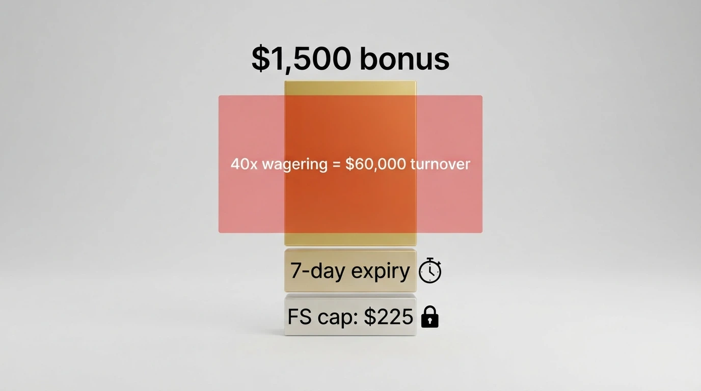 A visual breakdown of a AU$1,500 first deposit bonus showing how wagering requirements, expiry windows and free-spin caps reduce the usable value