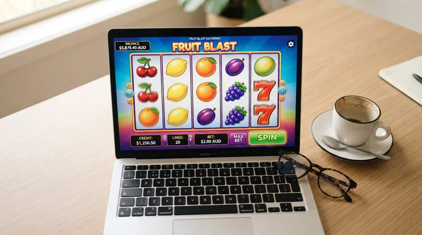 A laptop screen displaying a 1spin4win slot in demo mode with a play-money balance visible, no deposit prompt on screen