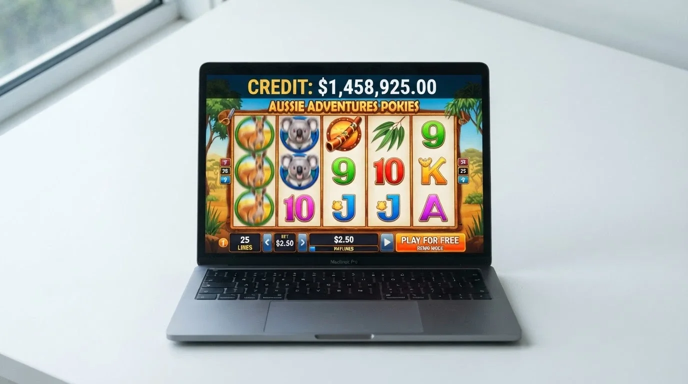 A laptop screen displaying a 5-reel pokie in demo mode with a virtual-credit balance visible and a 'Play for Free' button highlighted