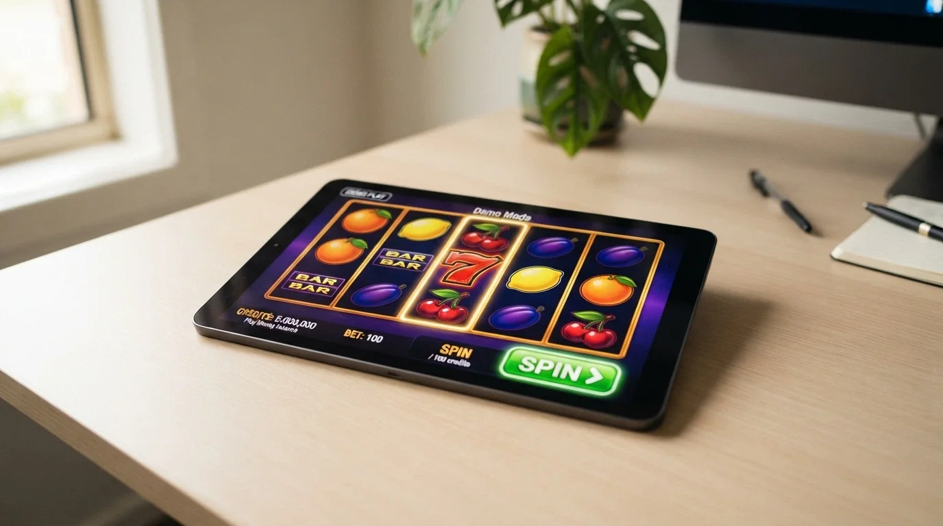 iPad screen showing a pokie game in demo mode with a play-money balance and the spin button highlighted