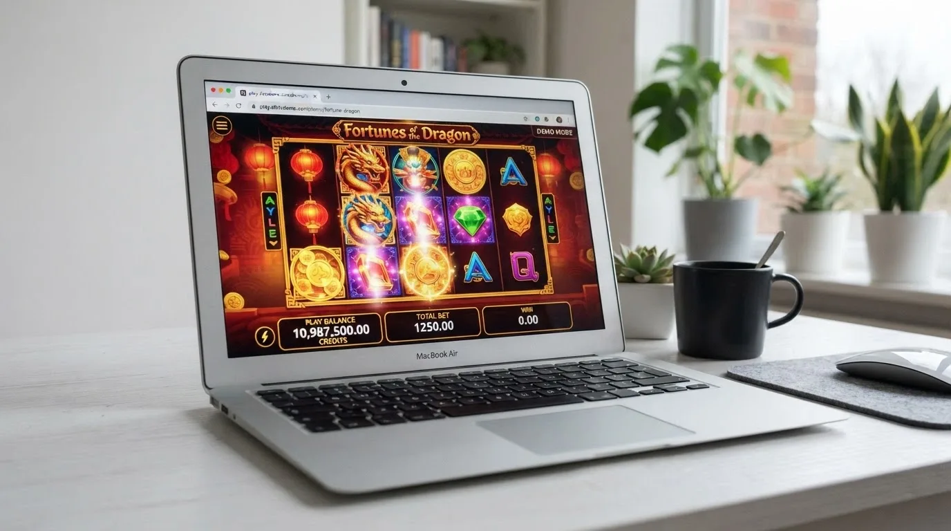 A browser window showing a pokies game in demo mode with a play-money balance, no sign-up form visible