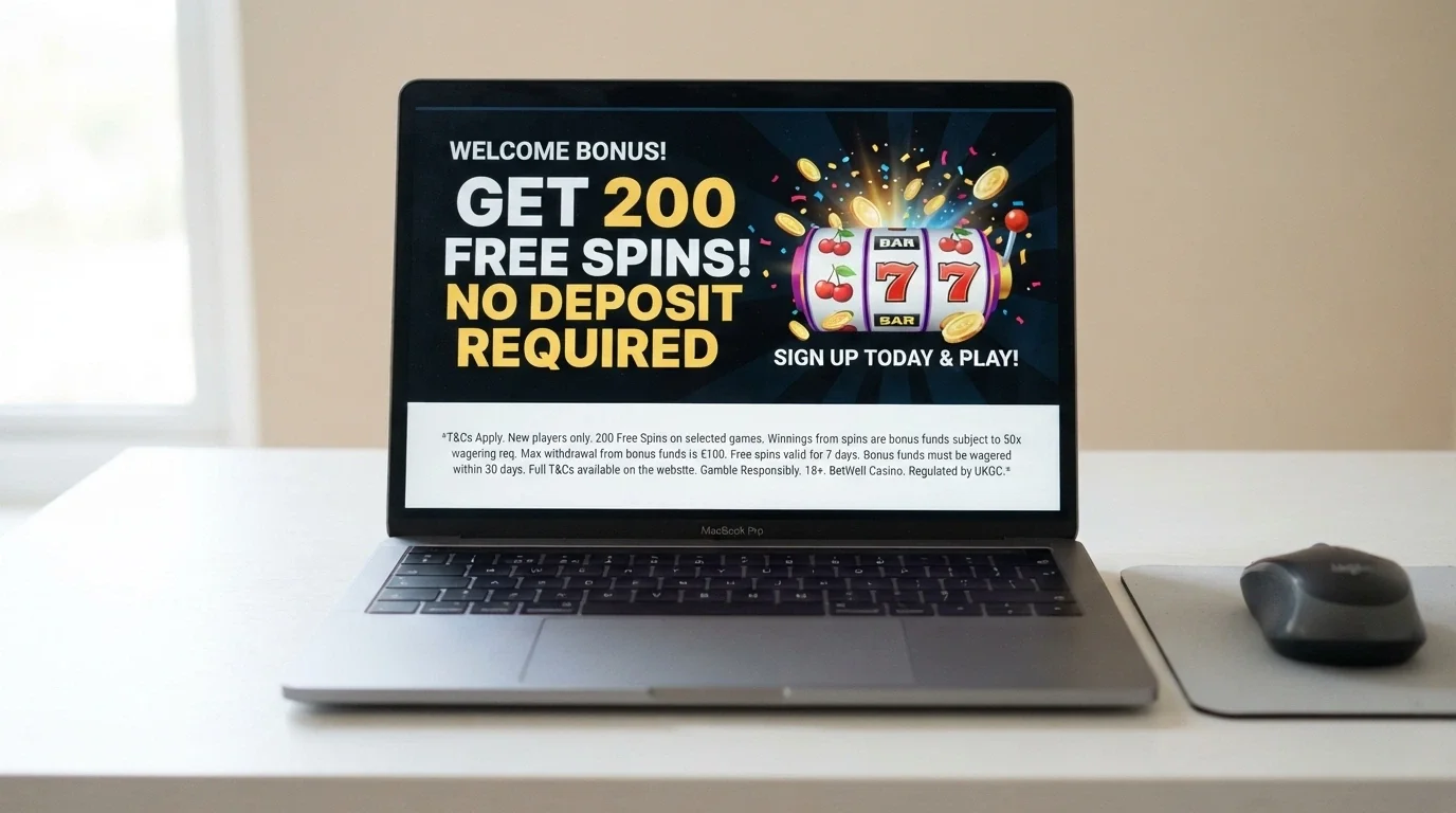 A casino promo banner advertising free spins with small-print terms underneath