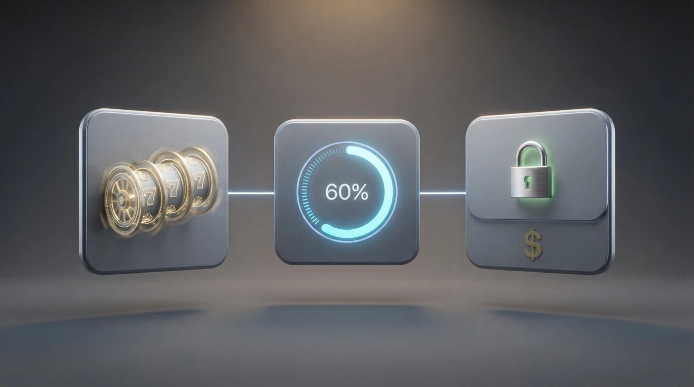A three-step flowchart illustration showing free spins → wagering clearance → withdrawal, with a padlock icon on the final step and a dollar sign fading in