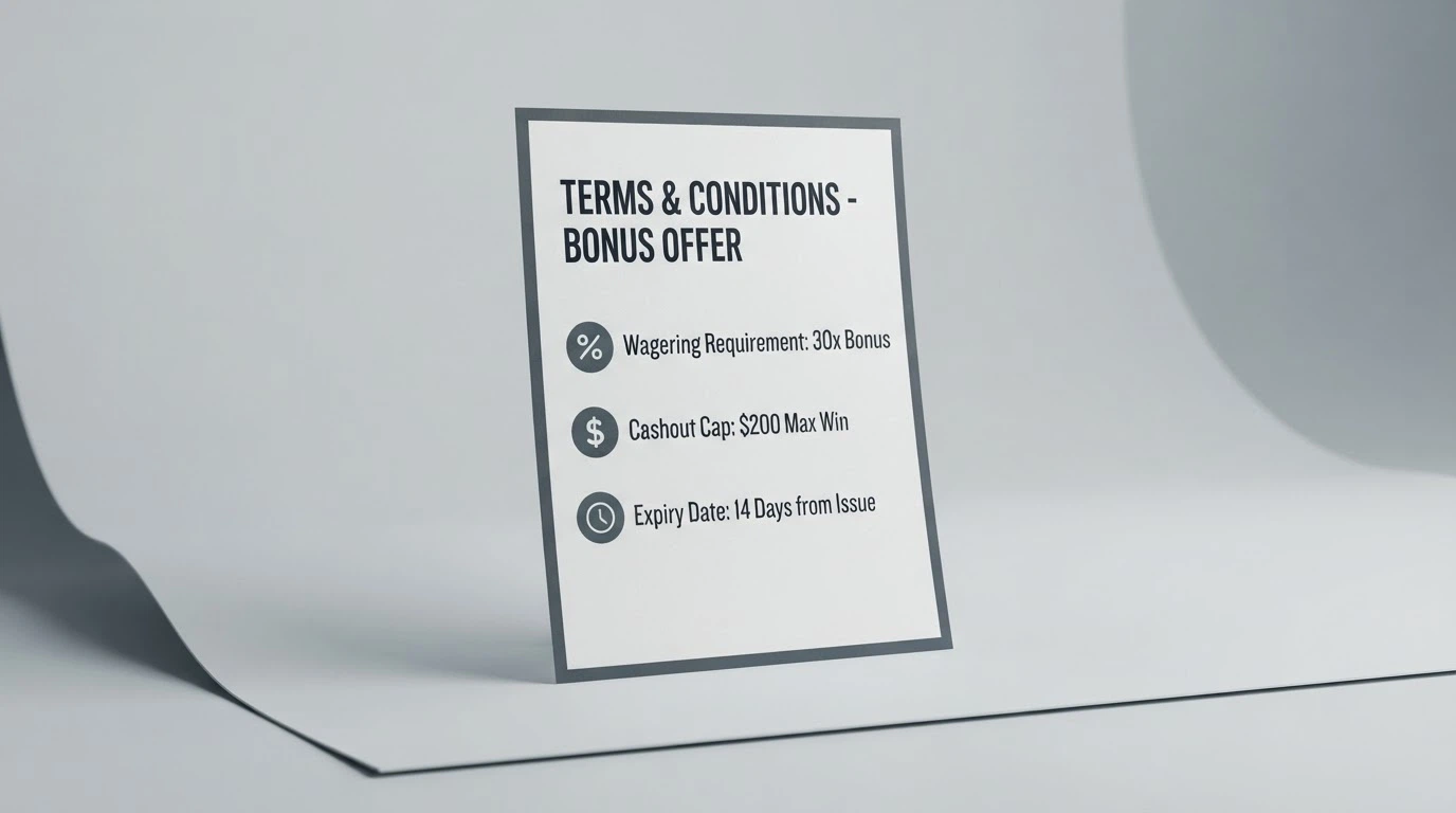 A casino bonus terms screen showing wagering requirements, maximum cashout and expiry conditions