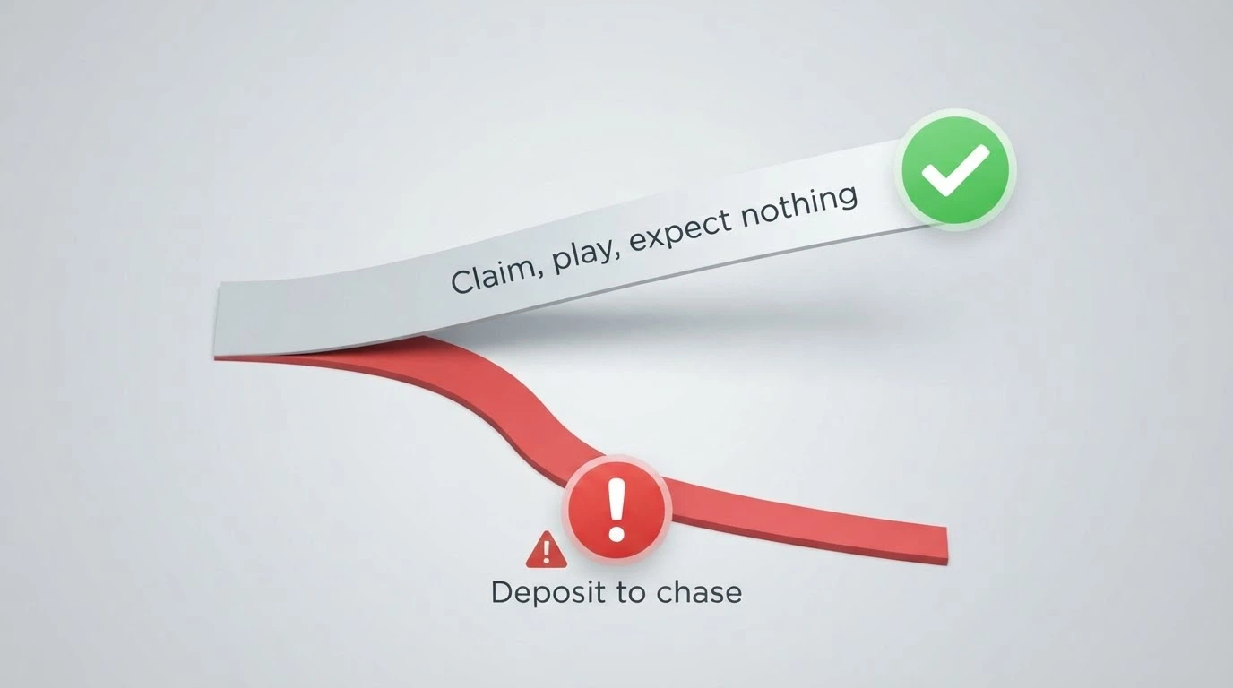 A simple choice diagram: one path labelled “claim, play, expect nothing” leading to a green checkmark, the other labelled “deposit to chase” leading to a red warning