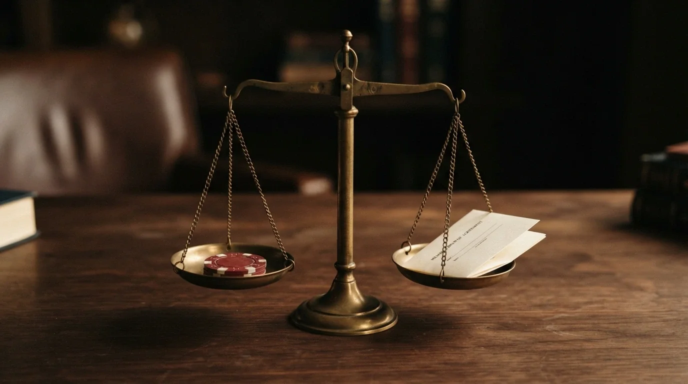 A set of balanced scales with free spin icons on one side and a terms-and-conditions document on the other, both level