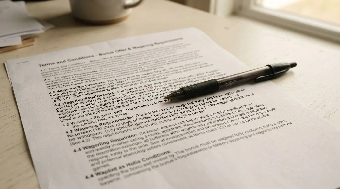 A close-up of a casino terms and conditions page with a pen resting on the wagering requirements section