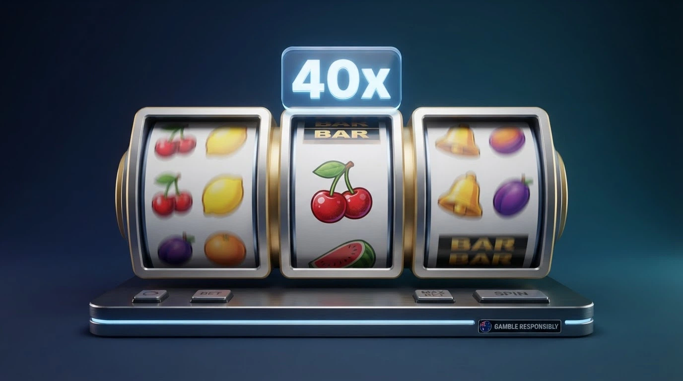 A grid of slot machine icons with a wagering requirement multiplier overlay showing 40x