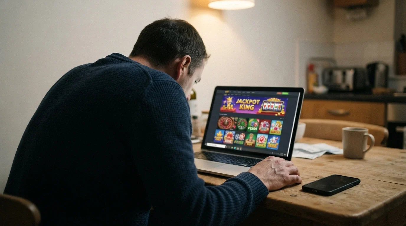 A concerned adult looking at a laptop screen with a gambling site visible, hand near the phone